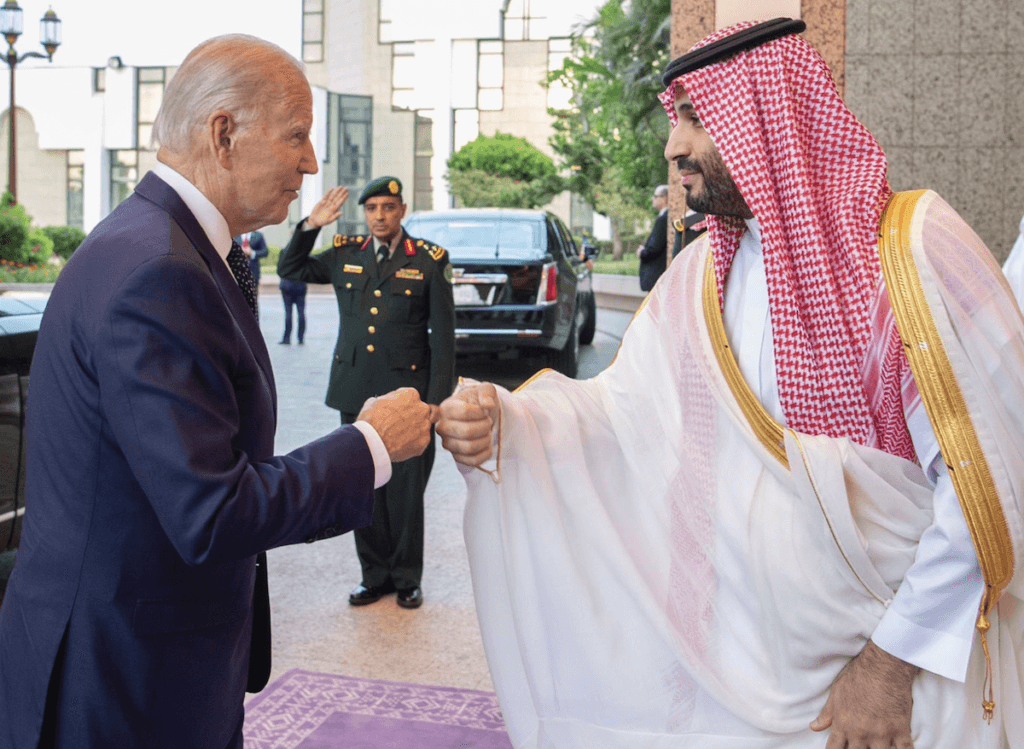President Joe Biden greets Saudi Crown Prince Mohammed bin Salman with a fist bump upon arriving in Jeddah, Saudi Arabia on July 15, 2022. (Photo: Associated Press)