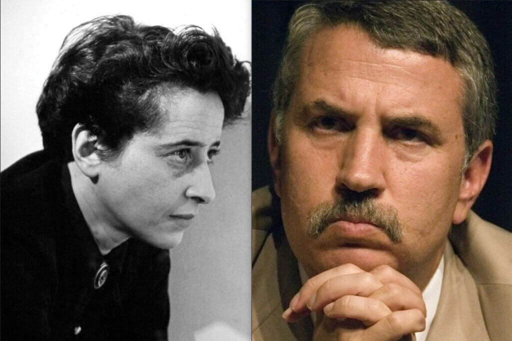 A photo of Thomas Friedman (right), juxtaposed next to a a photo of Hannah Arendt (left)