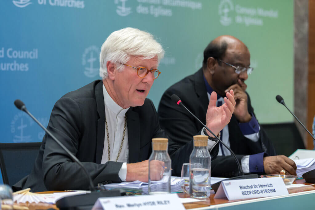 WCC central committee moderator Bishop Dr Heinrich Bedford Strohm speaks at a press conference as the World Council of Churches central committee gathered in Geneva on 21-27 June 2023, for its first full meeting following the WCC 11th Assembly in Karlsruhe in 2022. (Photo: Albin Hillert/WCC)